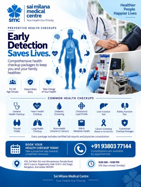Taking care of your health today can make a difference tomorrow. 💙

Regular health checkups can help identify potential health risks early and give you the right guidance for a healthier life. 
At Sai Milana Medical Centre, comprehensive checkup packages are available for you and your family.

📅 Book your health checkup today
📞 +91 93803 77144
Consultations are available by appointment.

#saimilanamedicalcentre #smc #preventivehealthcare #healthcheckup #earlydetection #ʜᴇᴀʟᴛʜʏʟɪᴠɪɴɢ #healthawareness #womenswellness #familyhealth #regularcheckup #healthcareworkers #ʙᴇɴɢᴀʟᴜʀᴜ #yourhealthourpriority